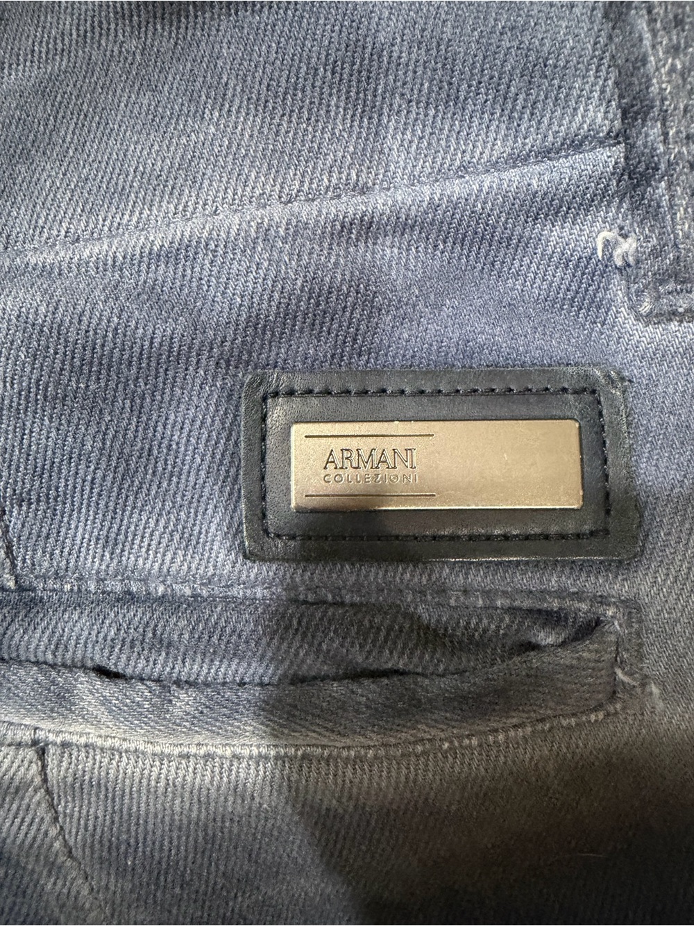 Armani Collezioni Men's Jeans — Navy Blue with Metal Logo Plate